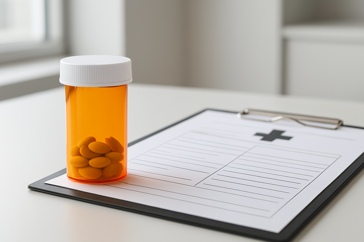 An orange prescription bottle filled with yellow pills next to a clipboard with blank medical forms