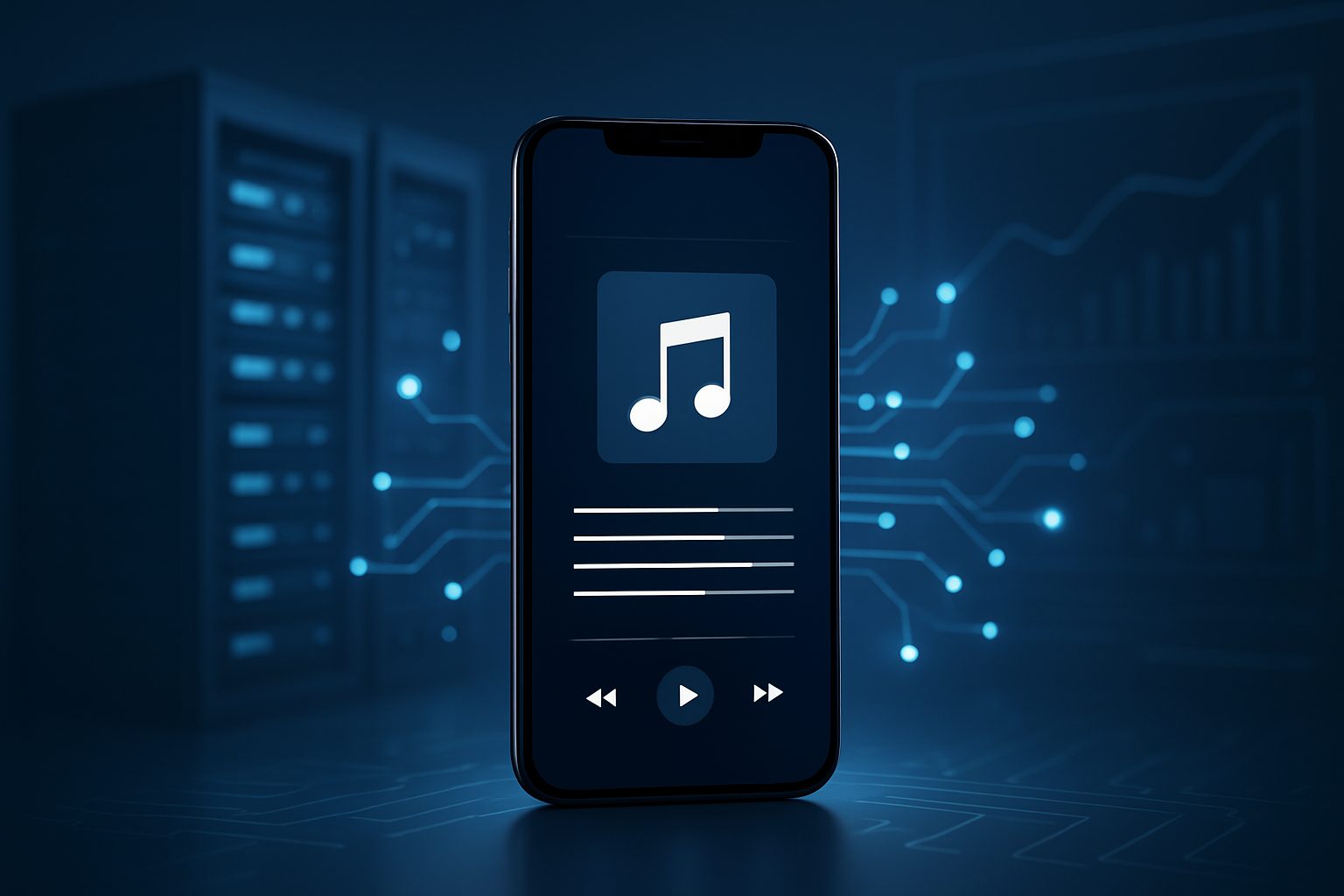 A smartphone displaying a music playback interface, set against a backdrop of digital servers and circuit-like patterns.