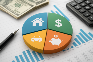 Colorful pie chart representing financial categories with cash, a calculator, and graphs in the background