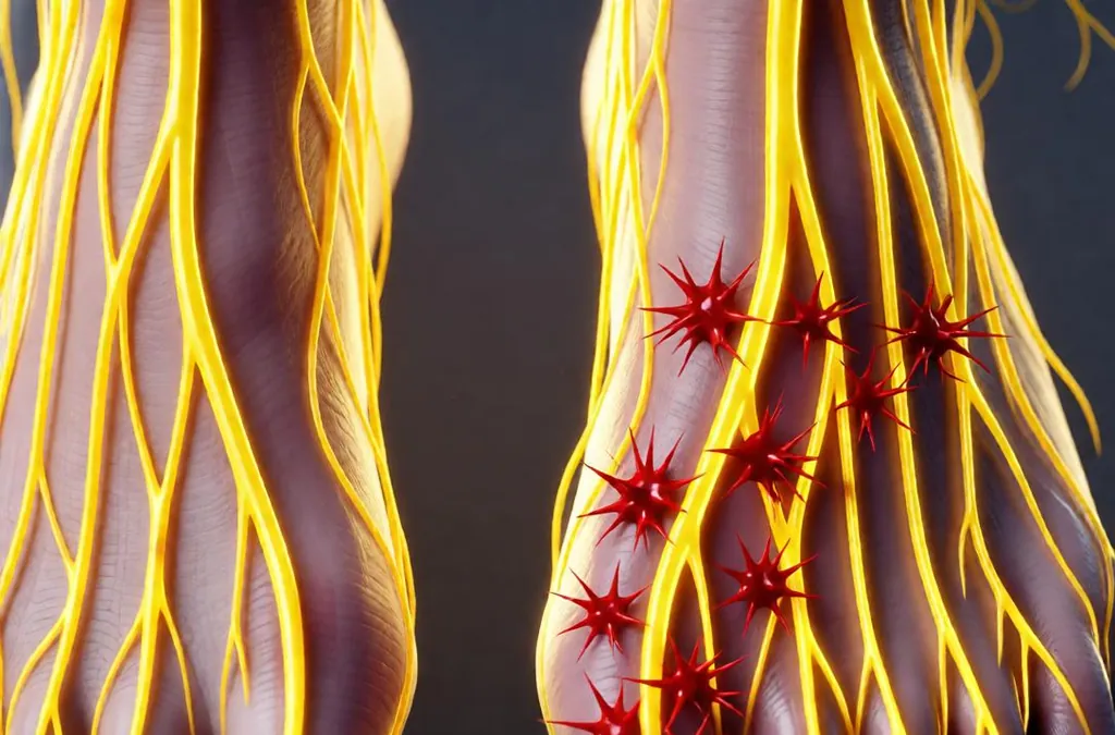 Illustration of a foot with highlighted nerves and indicators of inflammation.