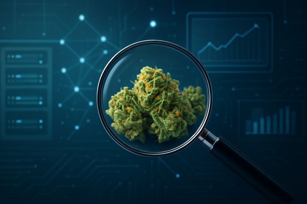 close-up of cannabis buds under a magnifying glass with a digital background