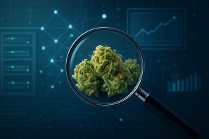 close-up of cannabis buds under a magnifying glass with a digital background