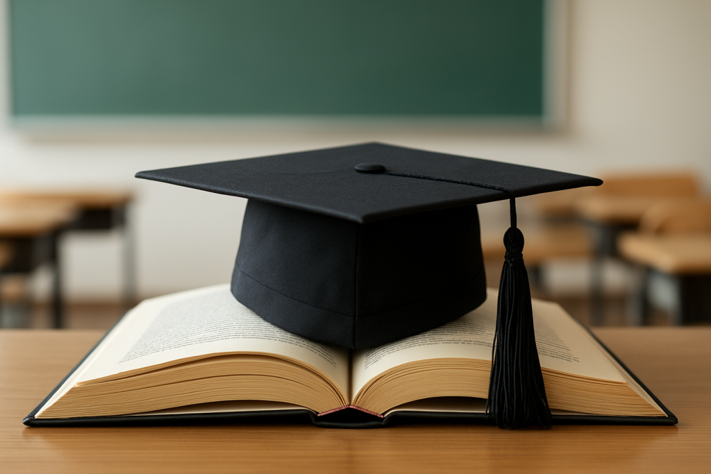 A graduation cap placed atop an open book on a wooden desk with classroom furniture in the background.